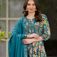 Tealblue Pure Cotton Printed Round Nack 3/4 Sleeves Calf Length Anarkali Kurta, Pant & Dupatta Set Mizaz Jaipur
