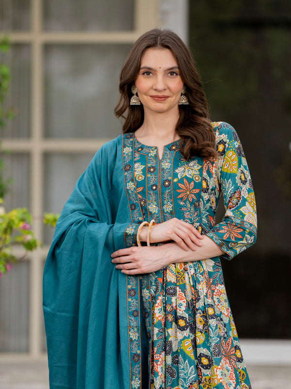 Tealblue Pure Cotton Printed Round Nack 3/4 Sleeves Calf Length Anarkali Kurta, Pant & Dupatta Set Mizaz Jaipur