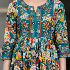 Tealblue Pure Cotton Printed Round Nack 3/4 Sleeves Calf Length Anarkali Kurta, Pant & Dupatta Set Mizaz Jaipur