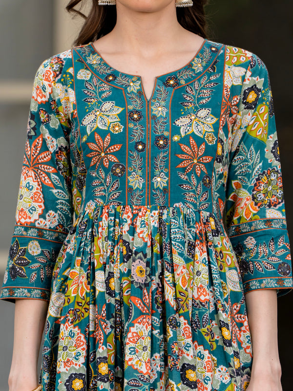 Tealblue Pure Cotton Printed Round Nack 3/4 Sleeves Calf Length Anarkali Kurta, Pant & Dupatta Set Mizaz Jaipur
