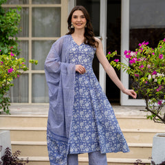 Powderblue Pure Cotton Printed V-Nack Sleeveless Calf Length A-Line Kurta, Pant & Dupatta Set Mizaz Jaipur