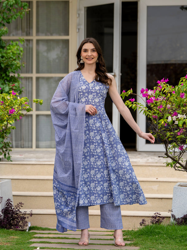 Powderblue Pure Cotton Printed V-Nack Sleeveless Calf Length A-Line Kurta, Pant & Dupatta Set Mizaz Jaipur