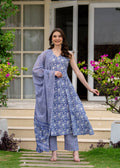 Powderblue Pure Cotton Printed V-Nack Sleeveless Calf Length A-Line Kurta, Pant & Dupatta Set Mizaz Jaipur