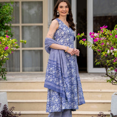 Powderblue Pure Cotton Printed V-Nack Sleeveless Calf Length A-Line Kurta, Pant & Dupatta Set Mizaz Jaipur