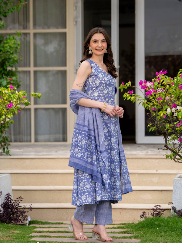 Powderblue Pure Cotton Printed V-Nack Sleeveless Calf Length A-Line Kurta, Pant & Dupatta Set Mizaz Jaipur