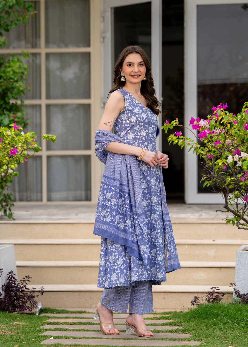 Powderblue Pure Cotton Printed V-Nack Sleeveless Calf Length A-Line Kurta, Pant & Dupatta Set Mizaz Jaipur
