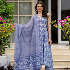 Powderblue Pure Cotton Printed V-Nack Sleeveless Calf Length A-Line Kurta, Pant & Dupatta Set Mizaz Jaipur
