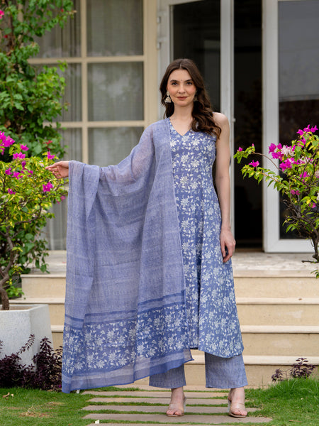 Powderblue Pure Cotton Printed V-Nack Sleeveless Calf Length A-Line Kurta, Pant & Dupatta Set Mizaz Jaipur