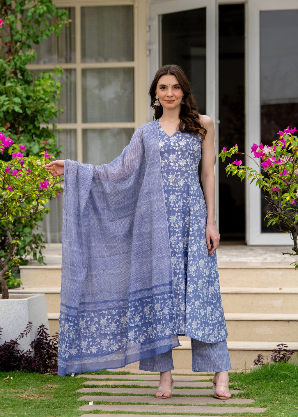 Powderblue Pure Cotton Printed V-Nack Sleeveless Calf Length A-Line Kurta, Pant & Dupatta Set Mizaz Jaipur