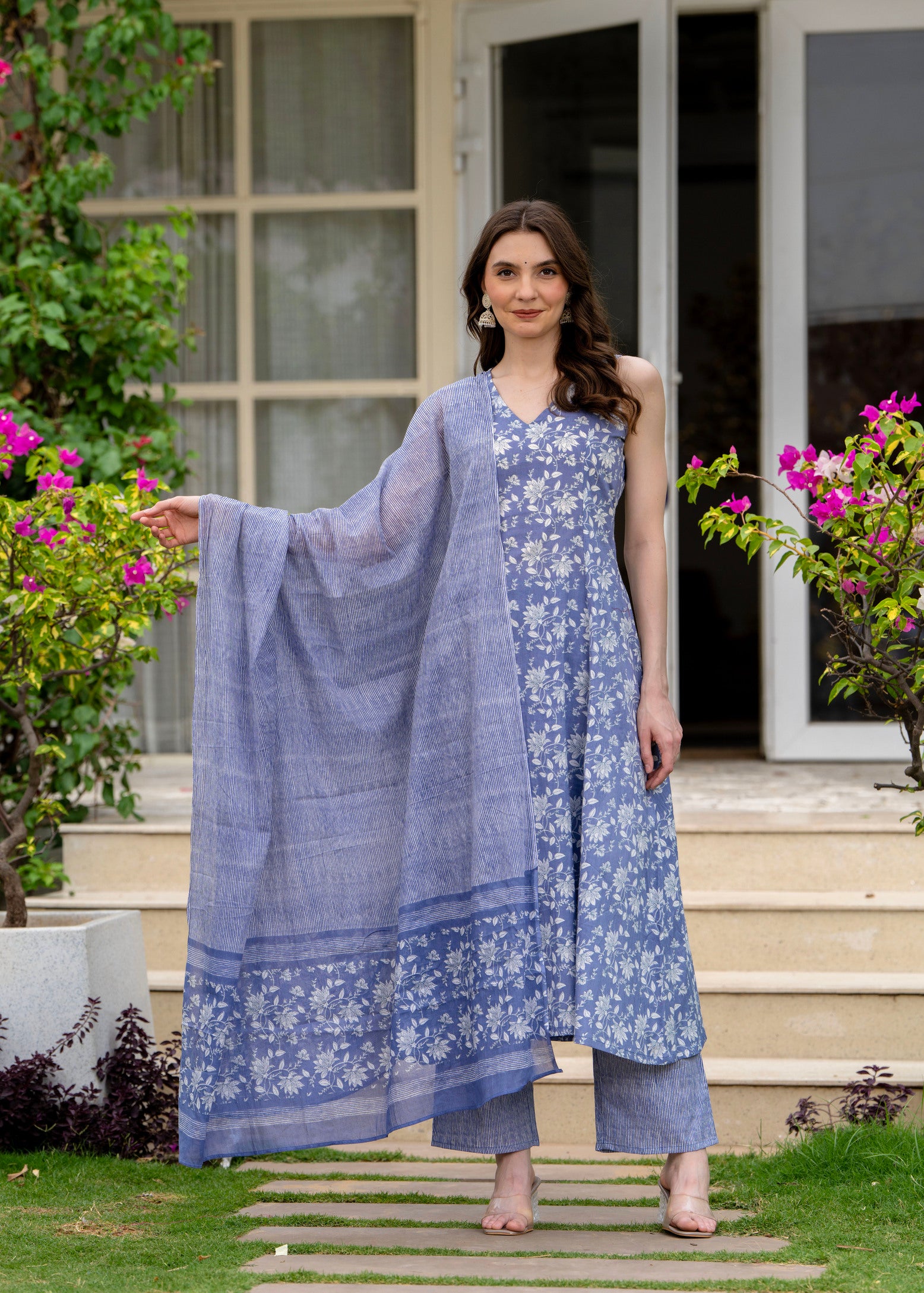 Powderblue Pure Cotton Printed V-Nack Sleeveless Calf Length A-Line Kurta, Pant & Dupatta Set Mizaz Jaipur