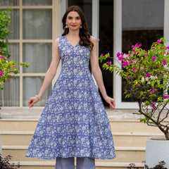 Powderblue Pure Cotton Printed V-Nack Sleeveless Calf Length A-Line Kurta, Pant & Dupatta Set Mizaz Jaipur