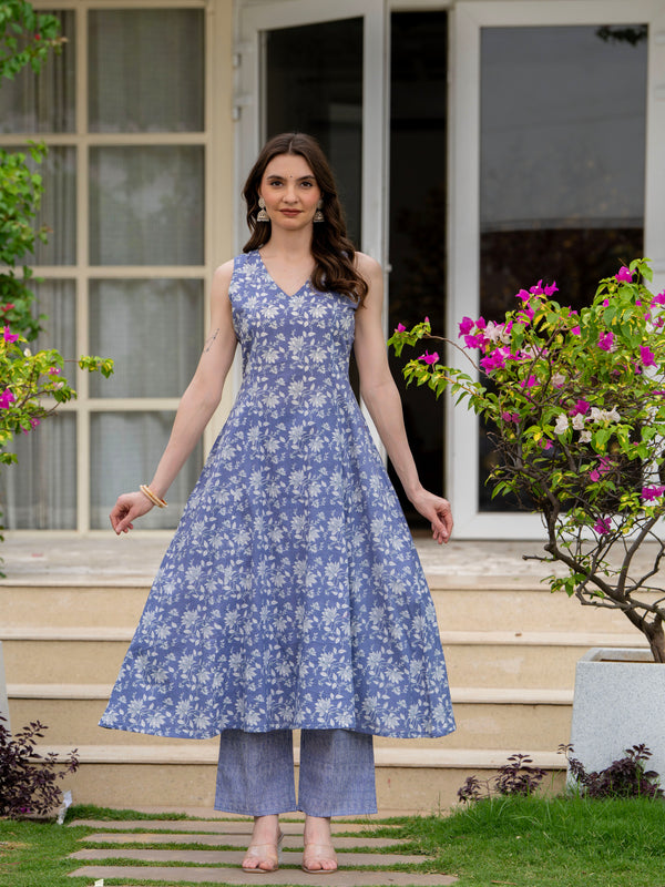 Powderblue Pure Cotton Printed V-Nack Sleeveless Calf Length A-Line Kurta, Pant & Dupatta Set Mizaz Jaipur