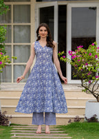 Powderblue Pure Cotton Printed V-Nack Sleeveless Calf Length A-Line Kurta, Pant & Dupatta Set Mizaz Jaipur