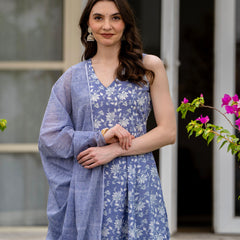 Powderblue Pure Cotton Printed V-Nack Sleeveless Calf Length A-Line Kurta, Pant & Dupatta Set Mizaz Jaipur