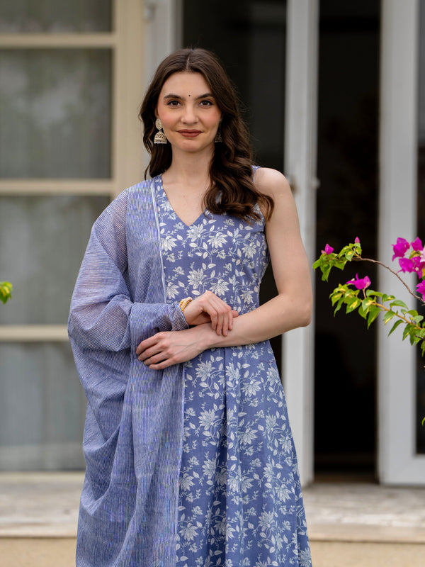 Powderblue Pure Cotton Printed V-Nack Sleeveless Calf Length A-Line Kurta, Pant & Dupatta Set Mizaz Jaipur