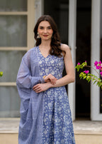 Powderblue Pure Cotton Printed V-Nack Sleeveless Calf Length A-Line Kurta, Pant & Dupatta Set Mizaz Jaipur