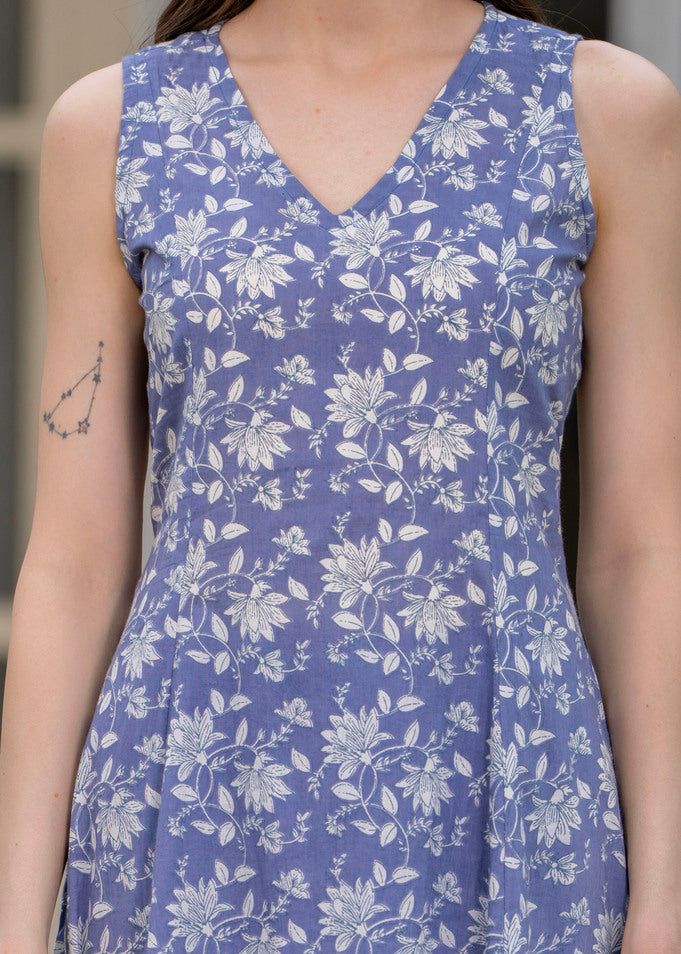 Powderblue Pure Cotton Printed V-Nack Sleeveless Calf Length A-Line Kurta, Pant & Dupatta Set Mizaz Jaipur