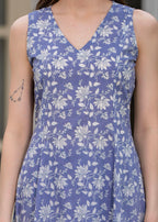 Powderblue Pure Cotton Printed V-Nack Sleeveless Calf Length A-Line Kurta, Pant & Dupatta Set Mizaz Jaipur