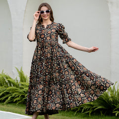 Black Pure Cotton Printed Round Nack Half Sleeves Calf Length Dress Mizaz Jaipur