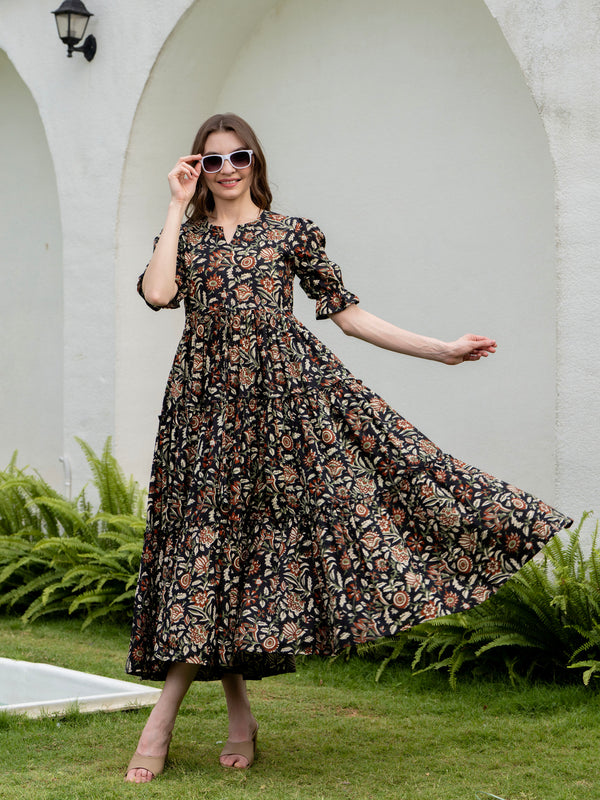 Black Pure Cotton Printed Round Nack Half Sleeves Calf Length Dress Mizaz Jaipur