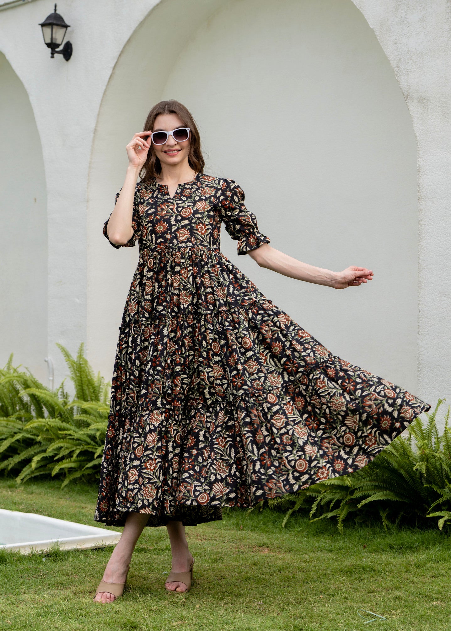 Black Pure Cotton Printed Round Nack Half Sleeves Calf Length Dress Mizaz Jaipur