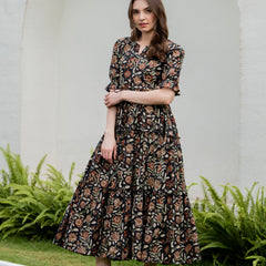 Black Pure Cotton Printed Round Nack Half Sleeves Calf Length Dress Mizaz Jaipur