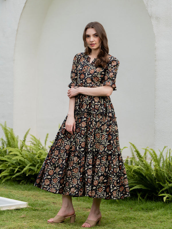 Black Pure Cotton Printed Round Nack Half Sleeves Calf Length Dress Mizaz Jaipur