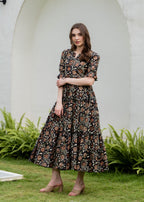 Black Pure Cotton Printed Round Nack Half Sleeves Calf Length Dress Mizaz Jaipur
