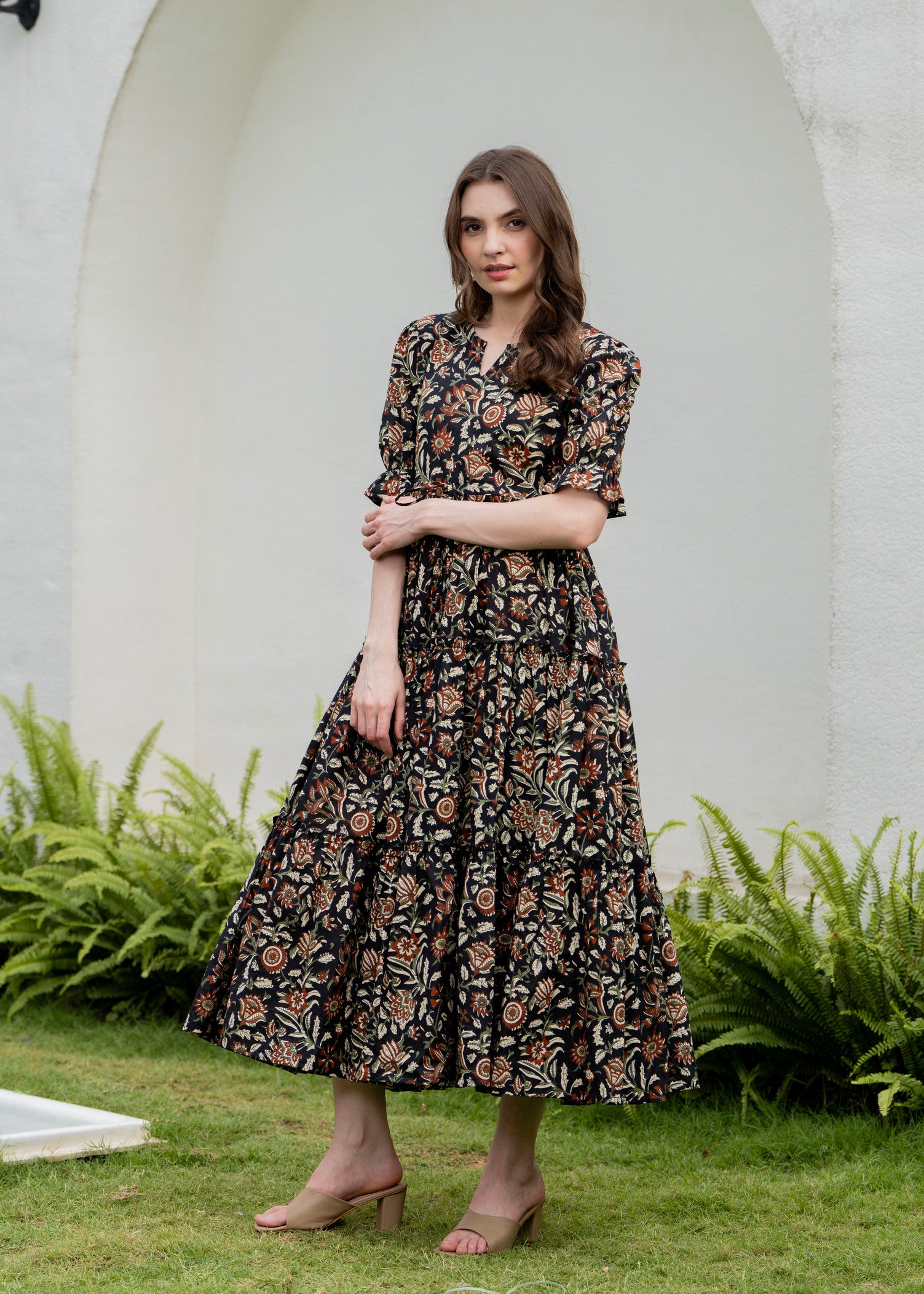 Black Pure Cotton Printed Round Nack Half Sleeves Calf Length Dress Mizaz Jaipur