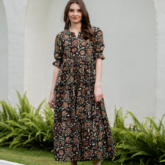 Black Pure Cotton Printed Round Nack Half Sleeves Calf Length Dress Mizaz Jaipur