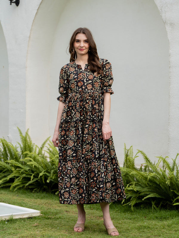 Black Pure Cotton Printed Round Nack Half Sleeves Calf Length Dress Mizaz Jaipur