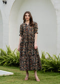 Black Pure Cotton Printed Round Nack Half Sleeves Calf Length Dress Mizaz Jaipur