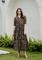 Black Pure Cotton Printed Round Nack Half Sleeves Calf Length Dress Mizaz Jaipur