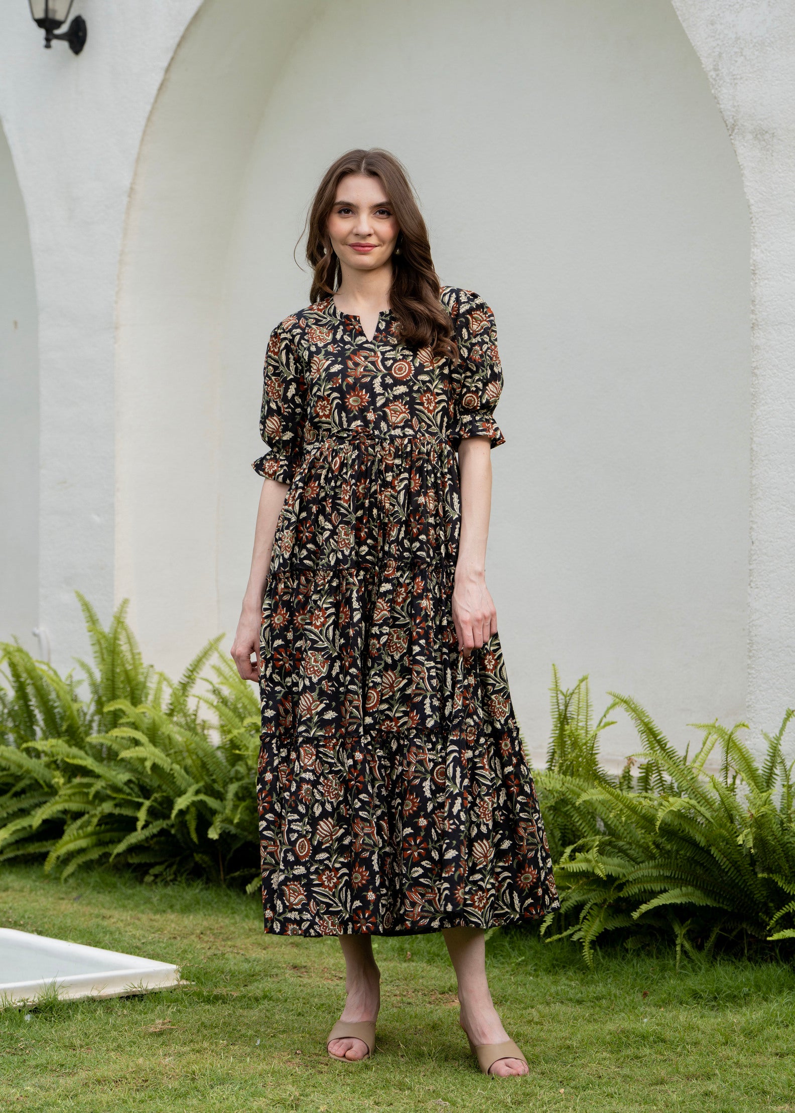 Black Pure Cotton Printed Round Nack Half Sleeves Calf Length Dress Mizaz Jaipur