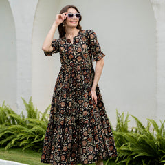 Black Pure Cotton Printed Round Nack Half Sleeves Calf Length Dress Mizaz Jaipur