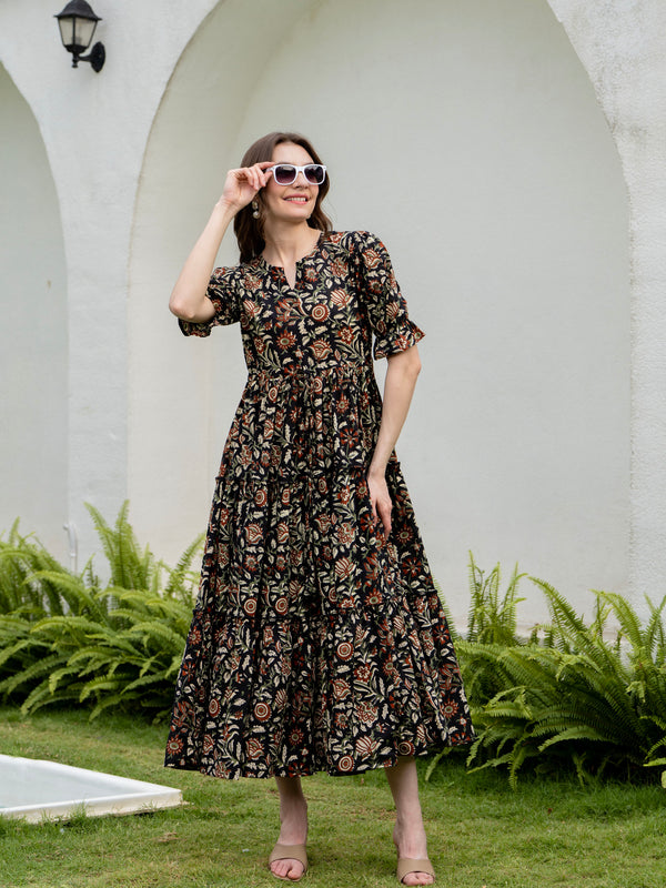 Black Pure Cotton Printed Round Nack Half Sleeves Calf Length Dress Mizaz Jaipur