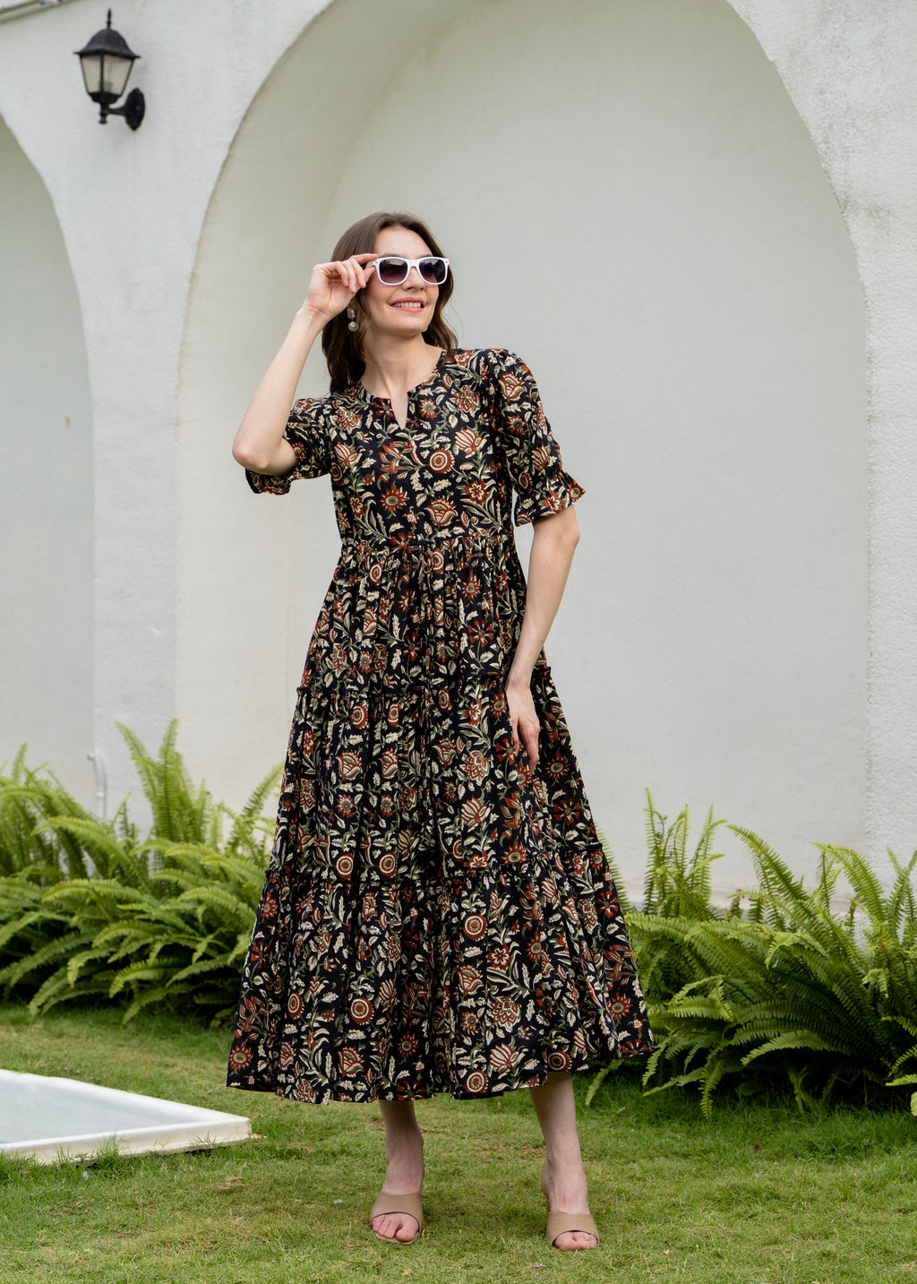 Black Pure Cotton Printed Round Nack Half Sleeves Calf Length Dress Mizaz Jaipur