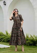 Black Pure Cotton Printed Round Nack Half Sleeves Calf Length Dress Mizaz Jaipur