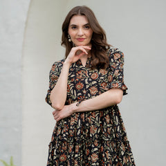Black Pure Cotton Printed Round Nack Half Sleeves Calf Length Dress Mizaz Jaipur