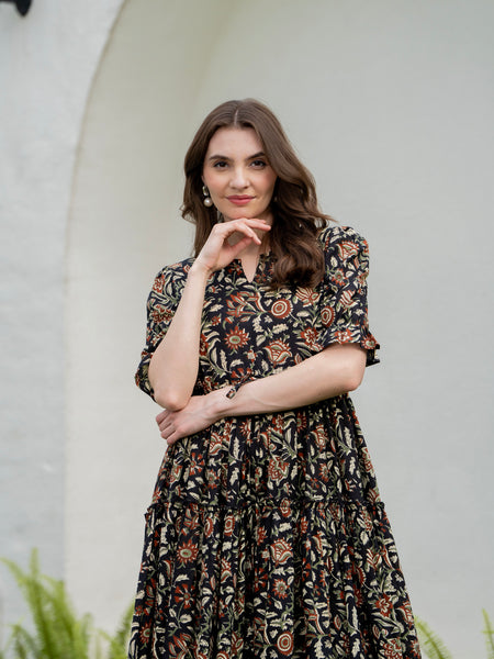 Black Pure Cotton Printed Round Nack Half Sleeves Calf Length Dress Mizaz Jaipur