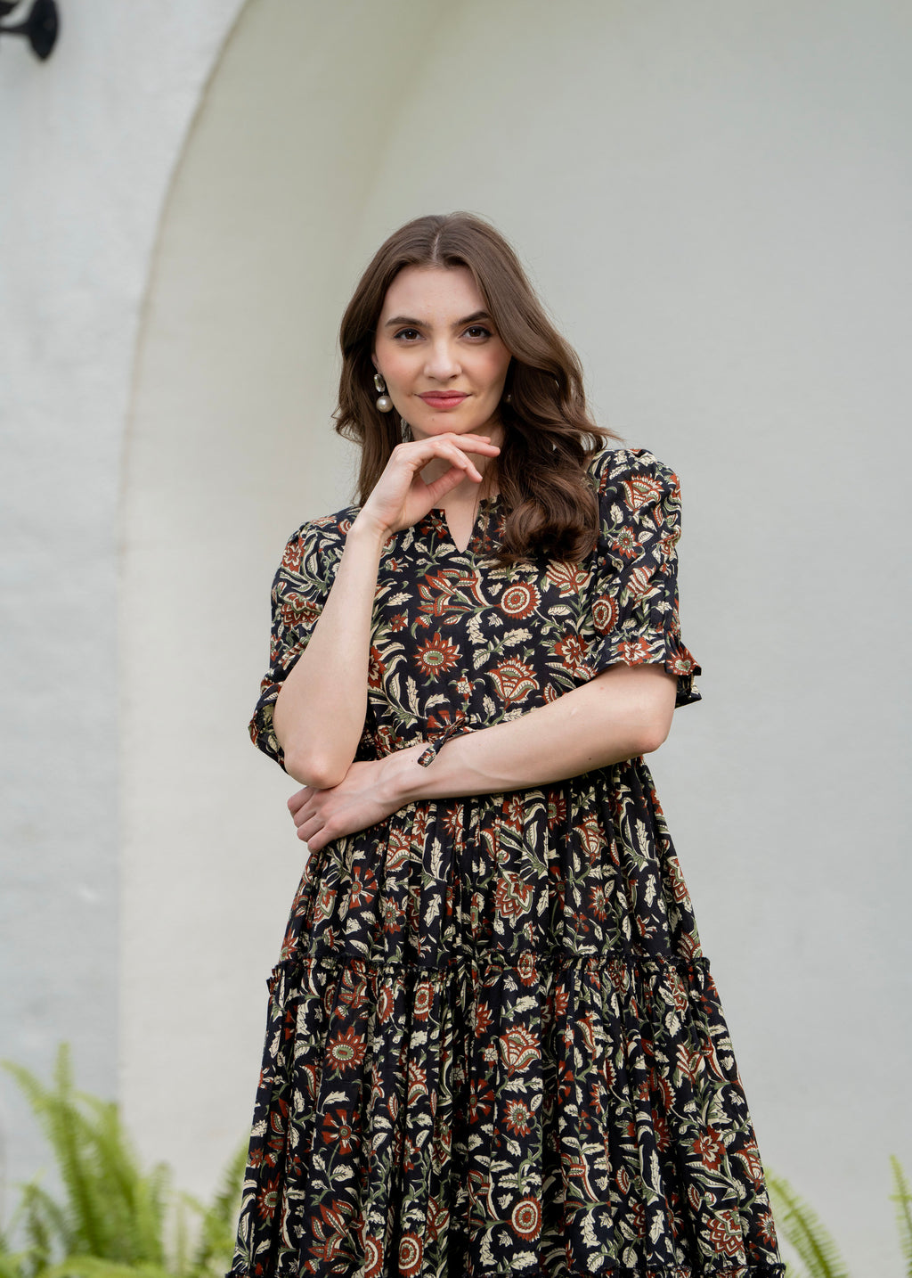 Black Pure Cotton Printed Round Nack Half Sleeves Calf Length Dress Mizaz Jaipur