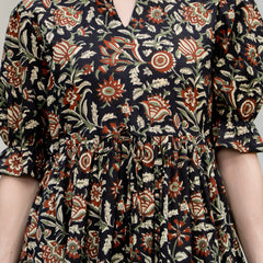 Black Pure Cotton Printed Round Nack Half Sleeves Calf Length Dress Mizaz Jaipur