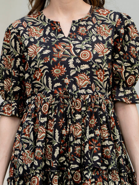 Black Pure Cotton Printed Round Nack Half Sleeves Calf Length Dress Mizaz Jaipur