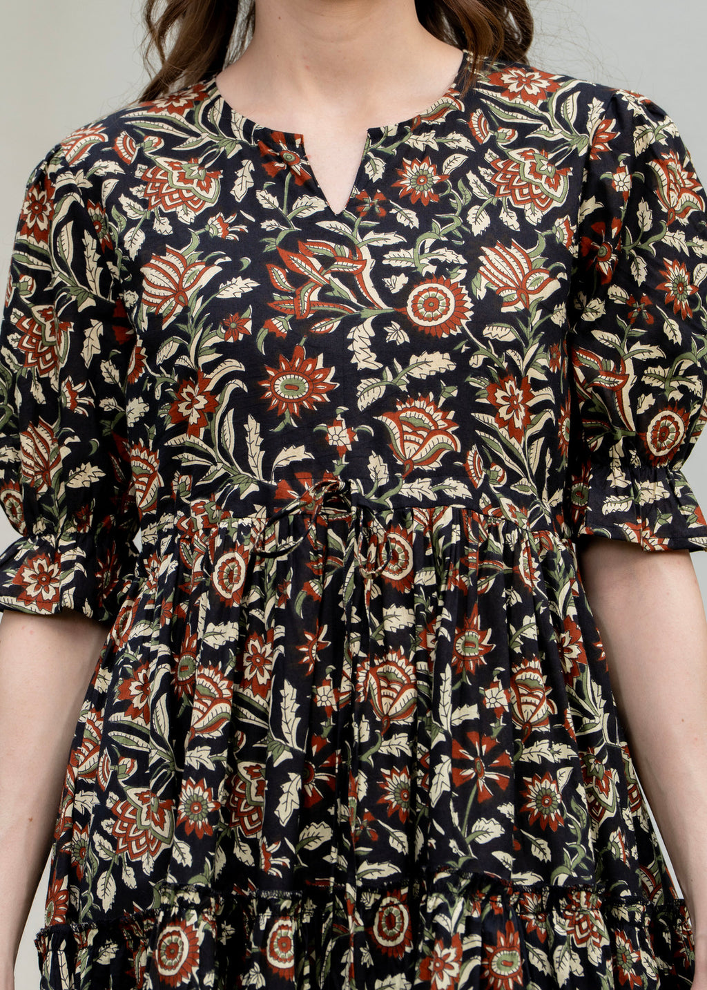 Black Pure Cotton Printed Round Nack Half Sleeves Calf Length Dress Mizaz Jaipur