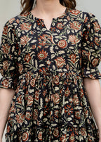 Black Pure Cotton Printed Round Nack Half Sleeves Calf Length Dress Mizaz Jaipur