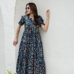 Blue Pure Cotton Printed Round Neck Half Sleeves Calf Length Dress Mizaz Jaipur
