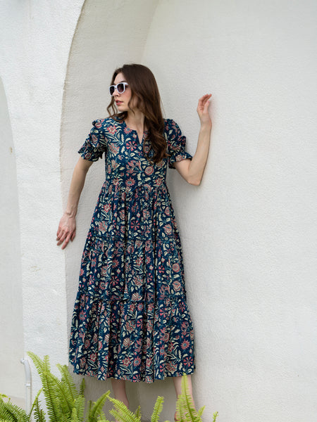 Blue Pure Cotton Printed Round Neck Half Sleeves Calf Length Dress Mizaz Jaipur