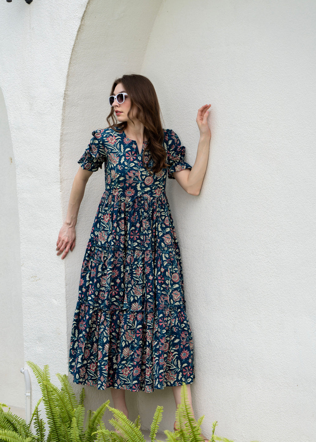 Blue Pure Cotton Printed Round Neck Half Sleeves Calf Length Dress Mizaz Jaipur