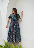 Blue Pure Cotton Printed Round Neck Half Sleeves Calf Length Dress Mizaz Jaipur