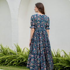 Blue Pure Cotton Printed Round Neck Half Sleeves Calf Length Dress Mizaz Jaipur